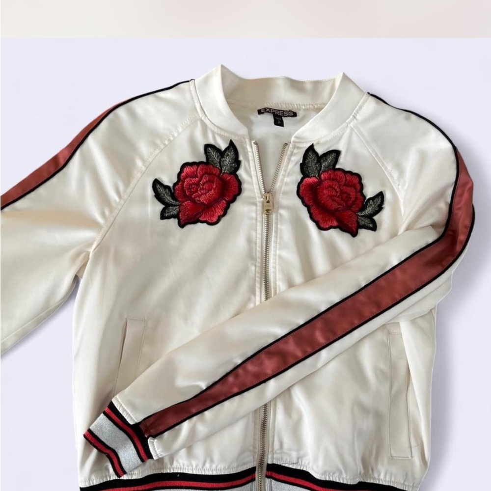 Express White Bomber Jacket with Red Floral Embroidery